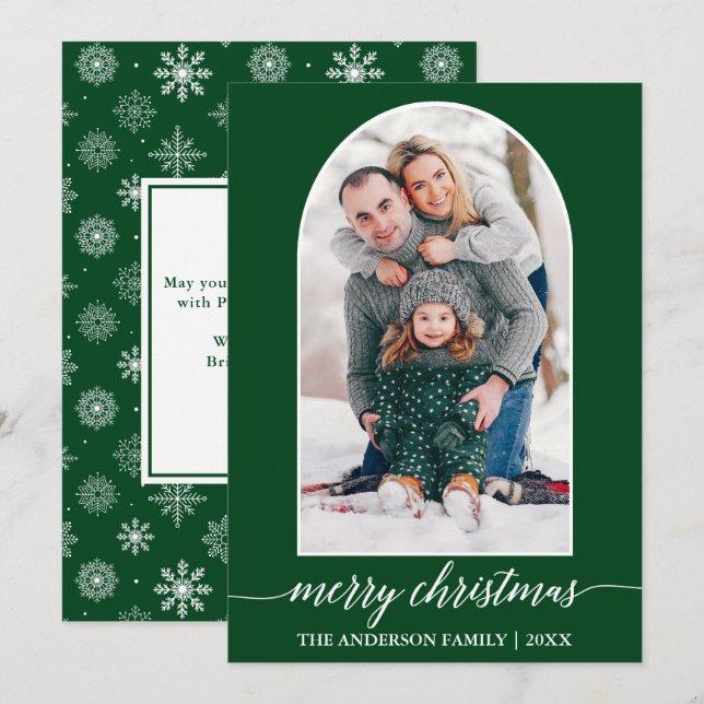 Calligraphy Snowflakes Photo Arch Christmas Green Holiday Card (Front/Back)