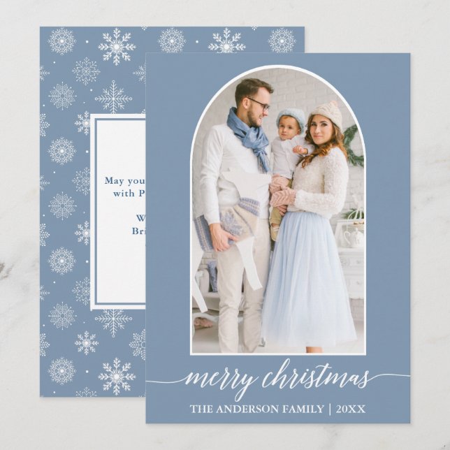 Calligraphy Snowflakes Photo Arch Dusty Blue Holiday Card (Front/Back)
