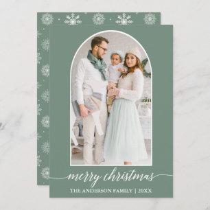 Calligraphy Snowflakes Photo Arch Sage Green Holiday Card