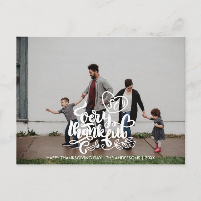 Calligraphy So Very Thankful Thanksgiving Photo Announcement Postcard (Front)