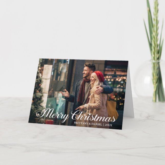 Calligraphy Star Merry Christmas Couple Photo Fold Card (Front)