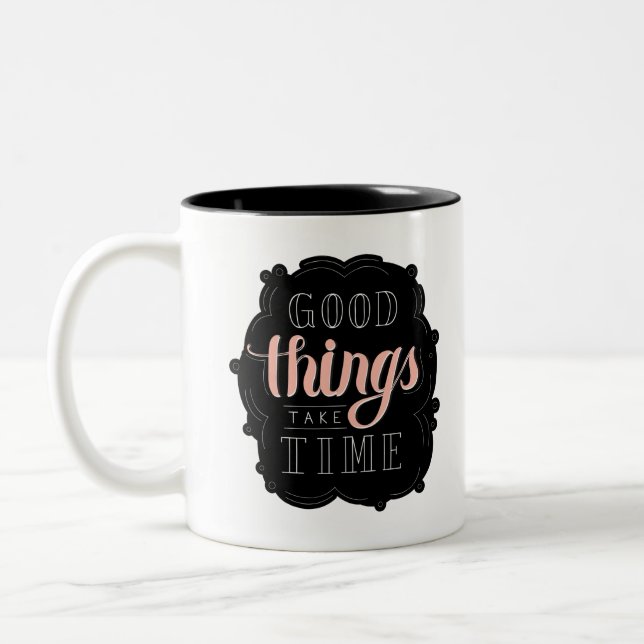 Calligraphy sticker good things take time Quote Two-Tone Coffee Mug (Left)
