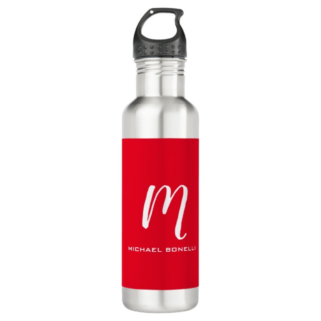 Calligraphy stylish red white monogram your name 710 ml water bottle (Front)