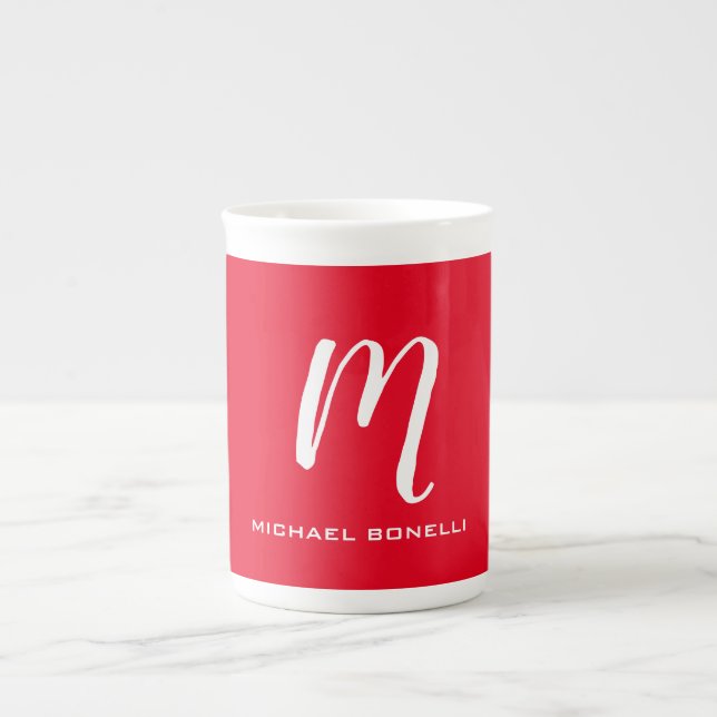 Calligraphy stylish red white monogram your name bone china mug (Front)