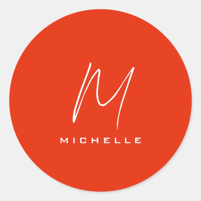 Calligraphy stylish red white monogram your name classic round sticker (Front)