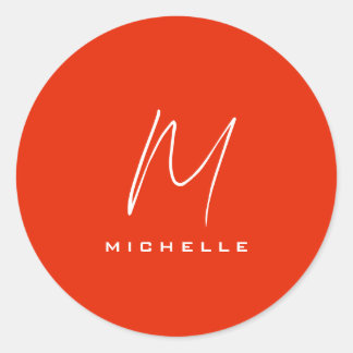 Calligraphy stylish red white monogram your name classic round sticker