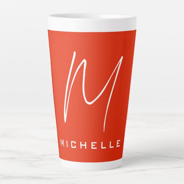 Calligraphy stylish red white monogram your name latte mug (Front)