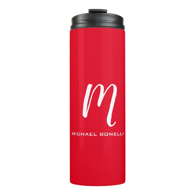 Calligraphy stylish red white monogram your name thermal tumbler (Front)