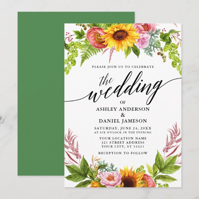 Calligraphy Sunflower Boho Floral Greenery Wedding Invitation (Front/Back)