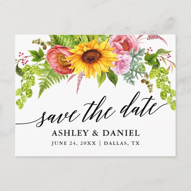Calligraphy Sunflower Boho Floral Save The Date Postcard (Front)