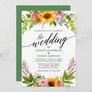 Calligraphy Sunflower Boho Floral Wedding Green Invitation