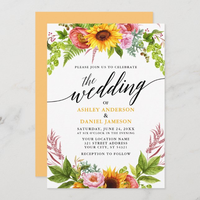 Calligraphy Sunflower Floral Golden Yellow Wedding Invitation (Front/Back)