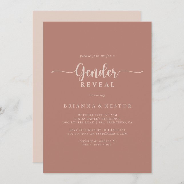Calligraphy Terracotta Gender Reveal Party  Invitation (Front/Back)