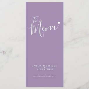 Calligraphy text white heart on purple wedding menu