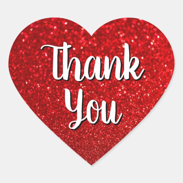 Calligraphy Thank You Red Glitter Bokeh Heart Sticker (Front)
