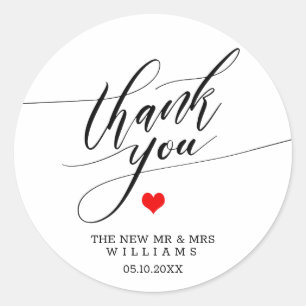 Calligraphy Thank You Red Heart Wedding Classic Round Sticker