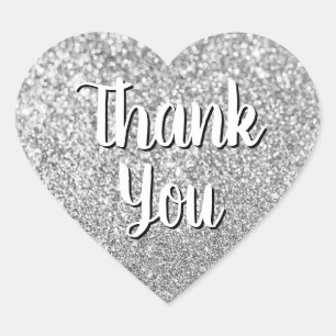 Calligraphy Thank You Silver Glitter Bokeh Heart Sticker