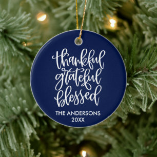 Calligraphy Thankful Grateful Blessed Blue Ceramic Tree Decoration