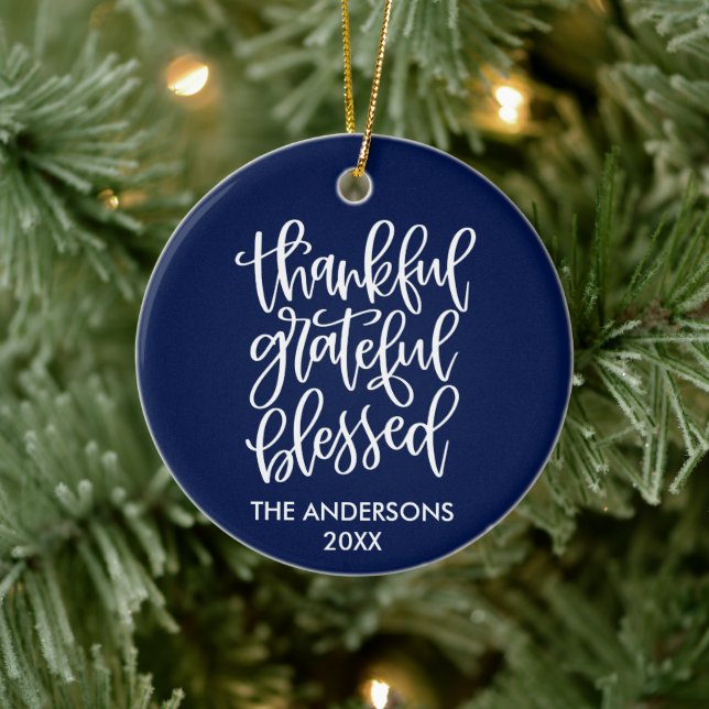 Calligraphy Thankful Grateful Blessed Blue Ceramic Tree Decoration (Tree)
