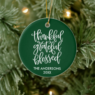 Calligraphy Thankful Grateful Blessed Green Ceramic Tree Decoration