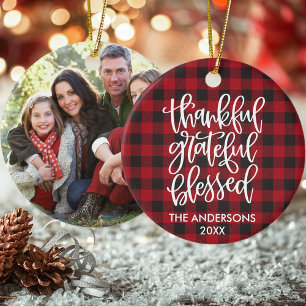 Calligraphy Thankful Grateful Blessed Plaid Photo Ceramic Tree Decoration