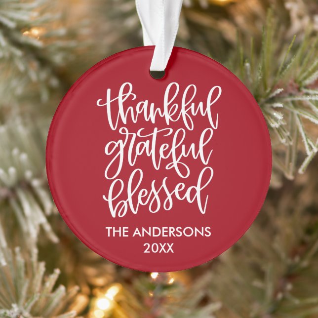 Calligraphy Thankful Grateful Blessed Red Ornament (Tree)
