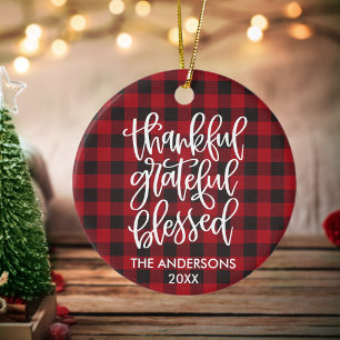Calligraphy Thankful Grateful Blessed Red Plaid Ceramic Tree Decoration