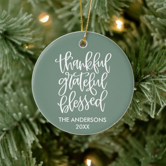 Calligraphy Thankful Grateful Blessed Sage Green Ceramic Tree Decoration (Tree)