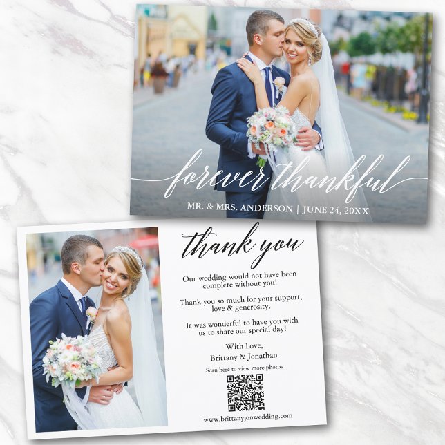 Calligraphy Thankful QR Code 2 Photo Wedding Thank You Card (Add your wedding website link to the QR Code so guests can scan & view more of your photos online.)
