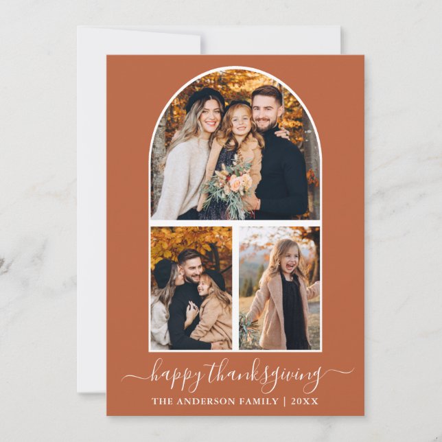 Calligraphy Thanksgiving 3 Photo Arch Terracotta Holiday Card (Front)