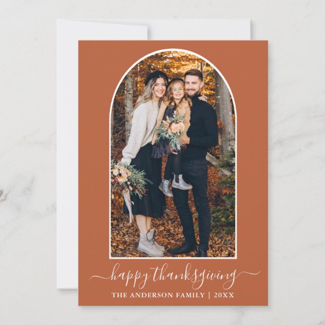 Calligraphy Thanksgiving Photo Arch Terracotta Holiday Card (Front)