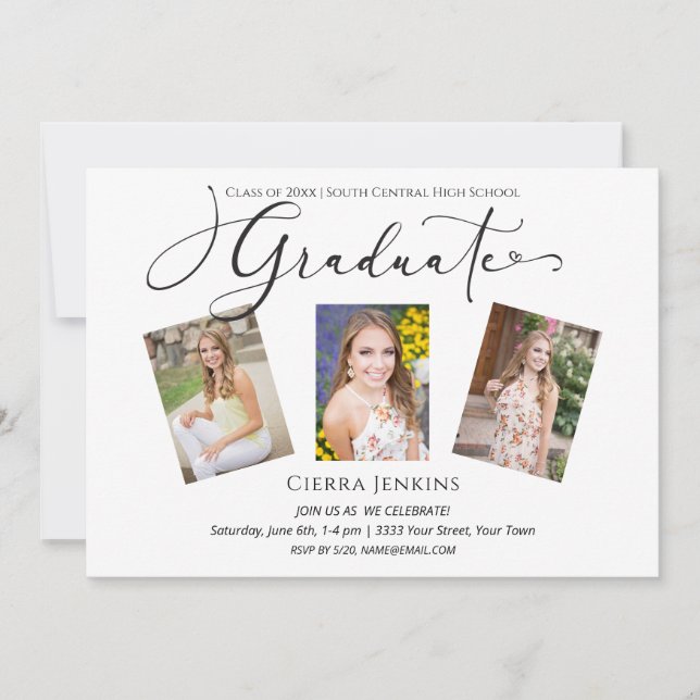 Calligraphy Three Photo White Graduation Party Invitation (Front)