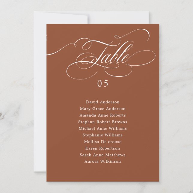 Calligraphy timeless Terracotta Seating Chart Card (Front)