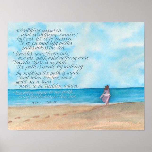 Calligraphy Traveller Poem on Watercolor Beach Poster (Front)
