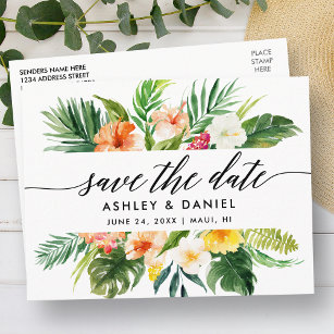 Calligraphy Tropical Coral Floral Save The Date Postcard