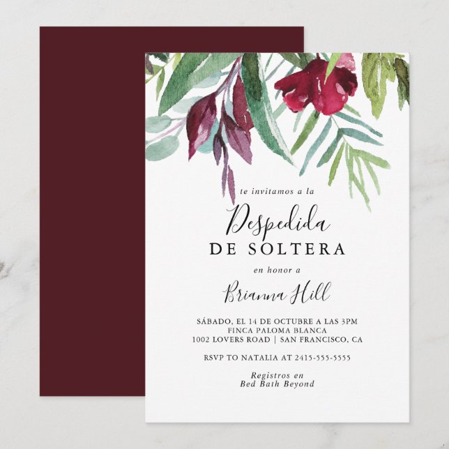 Calligraphy Tropical Floral Spanish Bridal Shower Invitation (Front/Back)