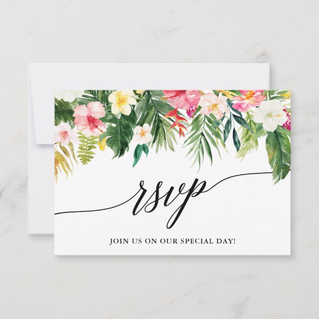 Calligraphy Tropical Floral Wedding RSVP Card (Front)