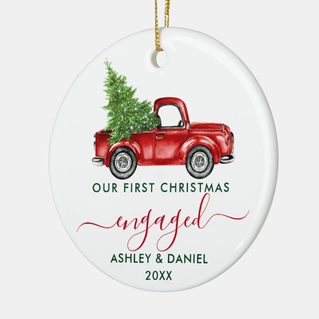 Calligraphy Truck First Christmas Engaged PHOTO Ceramic Tree Decoration (Left)