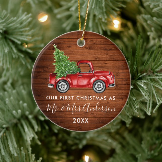 Calligraphy Truck Wood First Christmas Mr. Mrs.  Ceramic Tree Decoration (Tree)