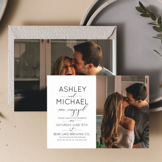 Calligraphy Typography 2 Photo Engagement Party Invitation (Easily personalize this engagement announcement with your unique details and photos)