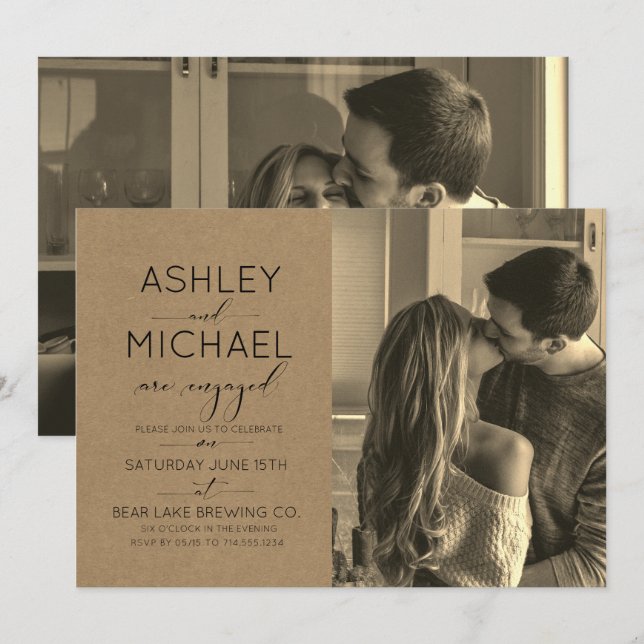 Calligraphy Typography 2 Photo Sepia Engagement Invitation (Front/Back)