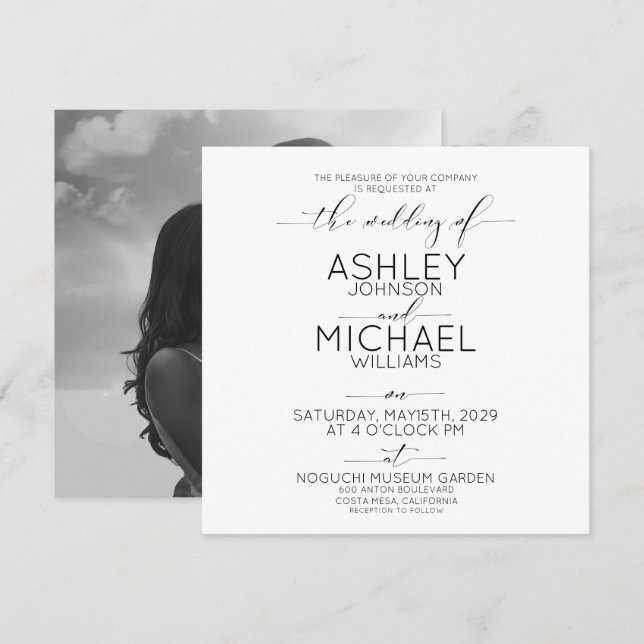 CALLIGRAPHY TYPOGRAPHY B&W Square Photo Wedding Invitation (Front/Back)