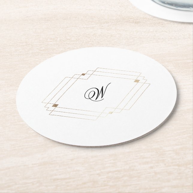 Calligraphy Typography Monogram Gold Deco Wedding Round Paper Coaster (Angled)