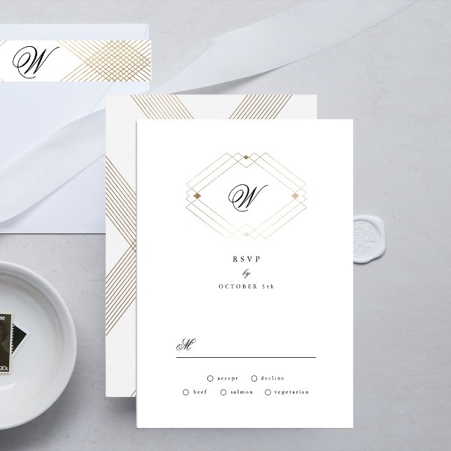Calligraphy Typography Monogram Gold Deco Wedding RSVP Card (Creator Uploaded)