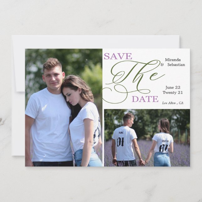 Calligraphy Typography Purple Green  2 Photo Save The Date (Front)