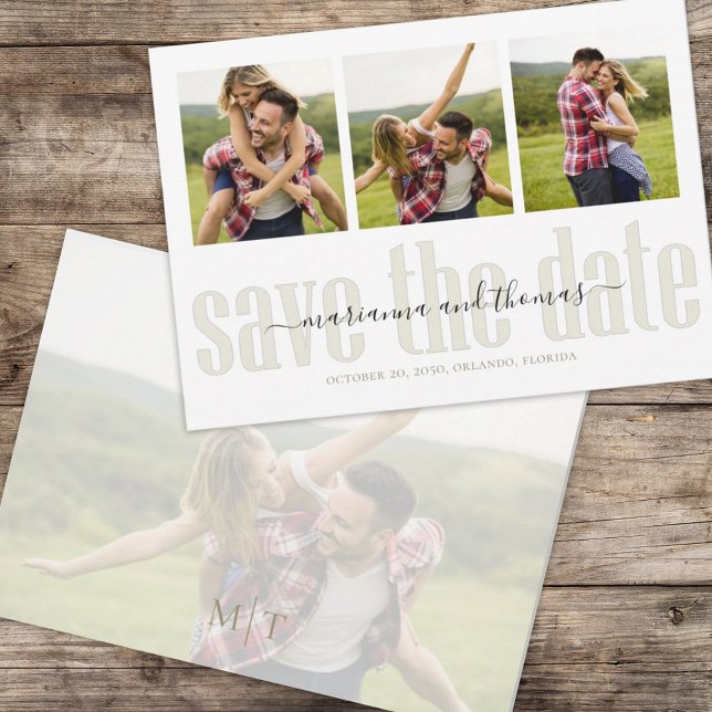 Calligraphy Vellum Script Stylish Multi Photo  Save The Date (Simple multi photo save-the-date photo card with stylish calligraphy and block-style lettering. )