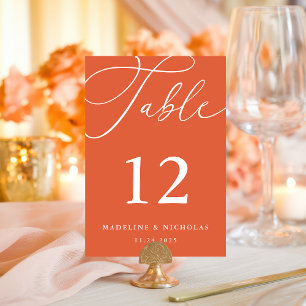 Calligraphy Verona Sunset Orange Modern Wedding Table Number