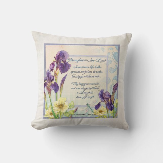 Calligraphy Verse Daughter in Law Iris Watercolor Cushion (Front)