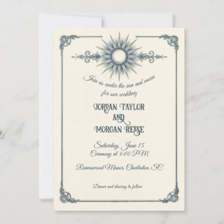 Calligraphy Vintage Blue Sun Wedding Invitation