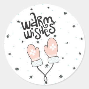 Calligraphy Warm Wishes Christmas Mittens Classic Round Sticker